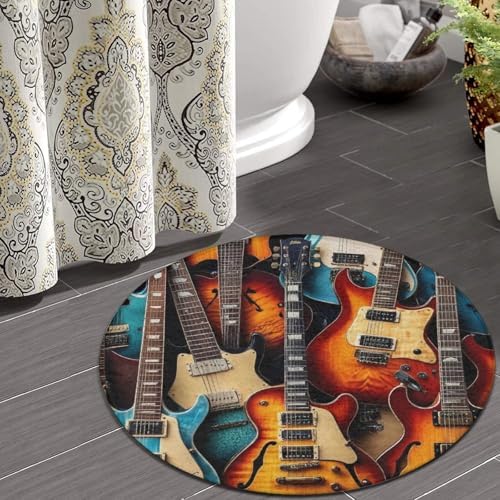 Large Home Decor Mat, Soft Round Yoga Carpet, Non Slip Machine Washable Kitchen Office Circle Rug Music Guitars