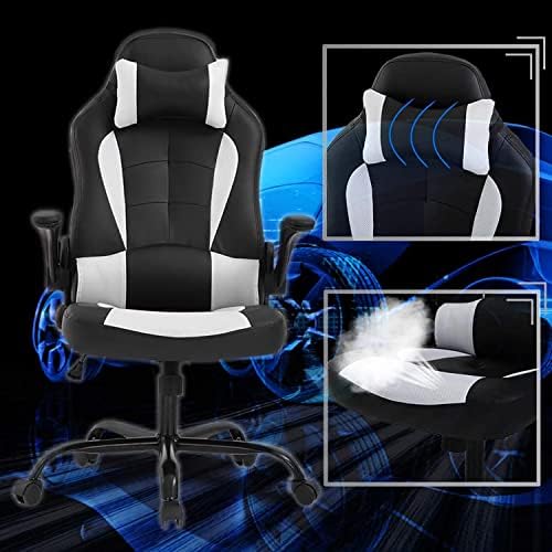 PC Gaming Chair Office Computer Ergonomic Chair PU Leather Adjustable with Flip Up Arms Lumbar Support Headrest E-Sport Racing Desk Swivel Chairs High Back(White)