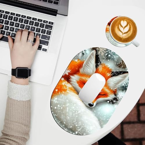 Small Mouse pad, Portable, Waterproof Non-Slip Rubber Bottom, Suitable for Wireless Mouse, Laptop Keyboard Tray for Both Men and Women, Office Travel 7.1x10.6in，Sleeping Fox in Snow