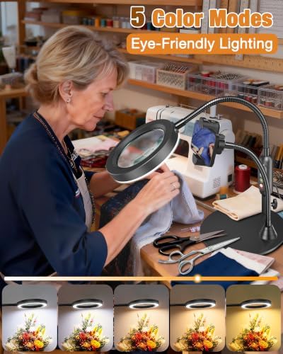 30X 10X Magnifying Glass with Light and Phone Holder, 5 Color Modes Stepless Dimmable, Optical Grade HD Lens, LED Lighted Magnifier Hands Free with Flexible Gooseneck for Close Work, Craft, Hobby