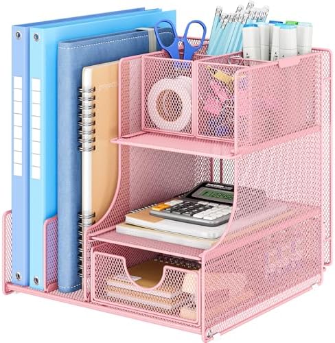 Lavatino Desk Organizer – 4-in-1 Pink Mesh Office Supplies Organizer with Pen Holder, File Holder, Desktop Tray, and Drawer for Home, Office, Classroom