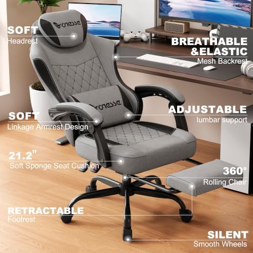 Vonesse Gaming Chair, Desk Chair with Linen Breathable Mesh Fabric, Office Chair with Adjustable Lumbar Support, Computer Chairs with Footrest and Headrest (Gray)