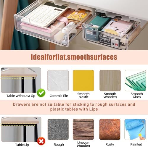 TooCust 2 Pack Under Desk Storage Drawers Slide Out-Drill-On or Self-Adhesive,Large&Medium Drawer Under Desk Organizer Under Table Drawer for Home Office School Organization and Storage