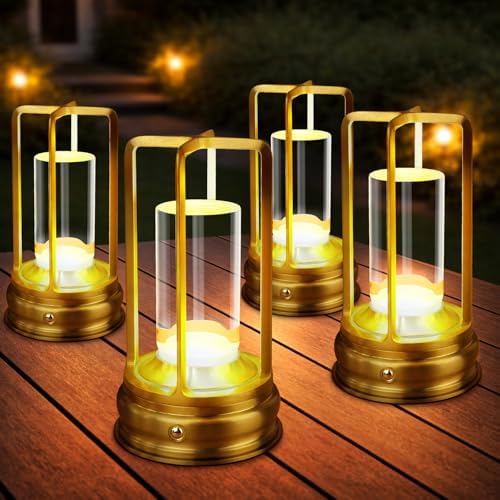 4 Pack Gold Cordless Table Lamp - Portable Rechargeable Lamp, Wireless Lamp for Restaurant Home Dinner Dining Kitchen Outdoor Patio with Metal Construction