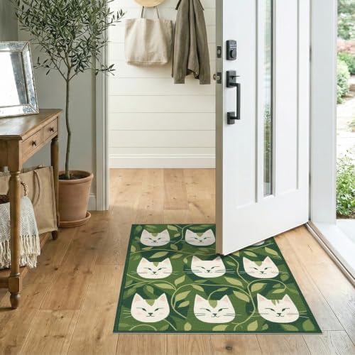 2'x3' Green Cat Forest Faces Interlinked by Washable Doormat