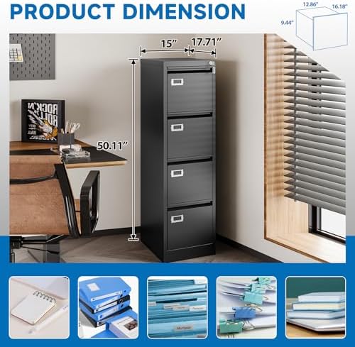 BYNSOE 4 Drawer File Cabinet with Lock Metal Vertical File Cabinet Office Home Vertical File Cabinet for A4 Legal/Letter Size Narrow File Cabinet Locked,Assembly Required