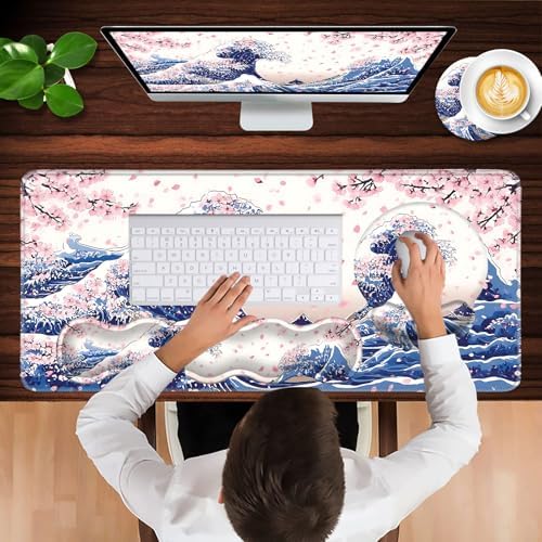 Mouse Pad,Large Pink Desk Mat, 4in1 XXL Mousepad + Keyboard Wrist Rest+Mouse Wrist Rest+Coaster Set with Ergonomic Desk Pad for Home Office Table Computer-Japanese Sea Wave