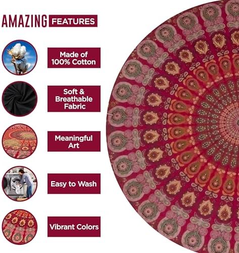 raajsee Red Round Beach Tapestry Hippie/Boho Beach Blanket Mandala/Indian Cotton Throw - Round Tablecloth/Home Decor/Indie Rug Yoga Mat Meditation Picnic Rugs 127 CM / 50 INCHE Circle