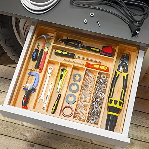 Utensil Organizer Silverware Tray For Drawer - Expandable Silverware Organizer Bamboo Flatware Organizer for Kitchen Utensils and Cutlery, Living Room Storage Box W13.5"-19.9" x L17.6" (Yellow)