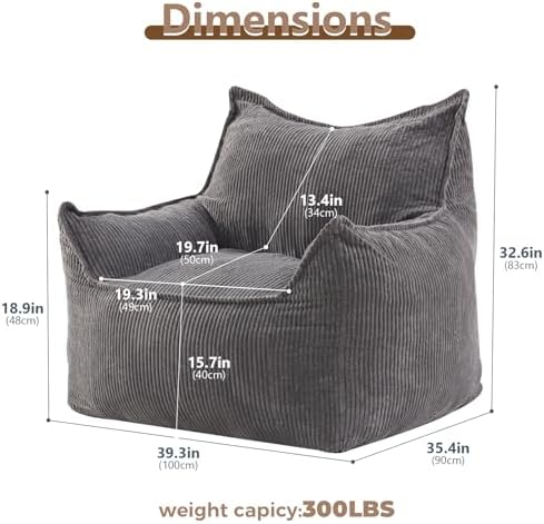 EBENCHICO Giant Bean Bag Chair for Adults, Corduroy Large Bean Bag Chairs for Teens with Armrests, Comfy Adult BeanBag Chair Sofa Couch with Filler Included for Bedroom Living Room