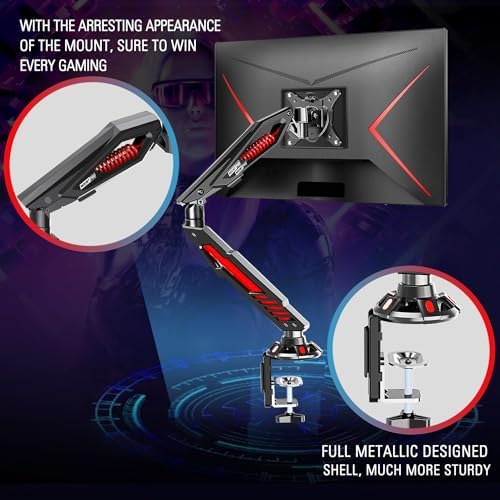MOUNT PRO Single Gaming Monitor Stand - Mechanical Spring Display Mount, Adjustable Gaming Monitor Arm with C Clamp and Grommet Mounting Base - Fits for Computer Screen up to 32”, VESA 75x75, 100x100