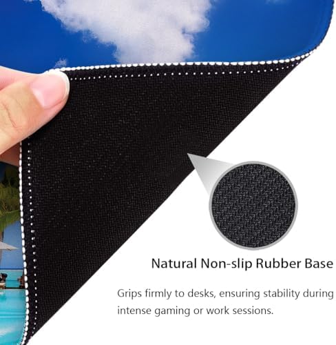 Tropical Beach Swimming Pool Mouse Pad, Coastal Scenery Sunbeds Desk Mat