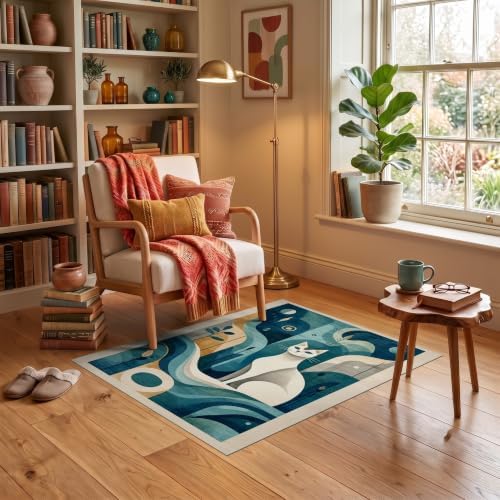 3'x5' Teal Blue Cat Boho Abstract Design Ultra-Soft Throw Mat