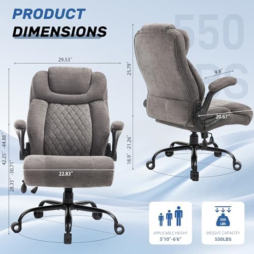 550LBS Big and Tall Office Chair, Comfy Heavy Duty Executive Chair with Adjustable Lumbar Support Double Spaces Casters, Fabric Extra Wide Seat Ergonomic Computer Desk Chair for Back Pain,Greycloth
