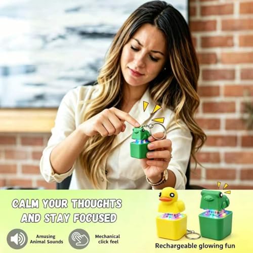 Frog Croaking Fidget Toy,Quacking Duck Stress Reliever Keychain with Colorful Lights,Rechargeable Keyboard Clicker,Stress Reliever for Anxiety and Sensory Fun(2PCS)