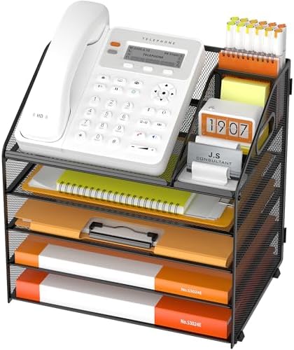 DocNest 5 Tier Metal Mesh Desk File Organizer with Phone Shelf, Black