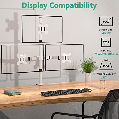 WALI Tall Triple Monitor Stand, Fully Adjustable Three Monitor Desk Mount Fits 3 Screens up to 27 inch, 22 lbs. Weight Capacity per Arm (M003-W), White