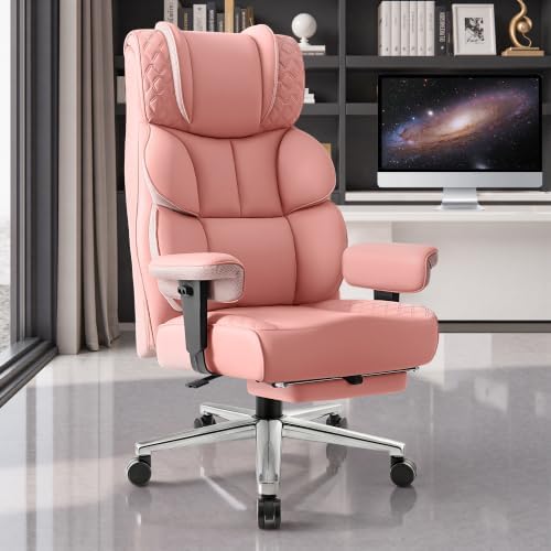 BestGlory Office Desk Chair, Big and Tall Leather Gaming Chair with Footrest, Ergonomic Comfy Executive High-Back Reclining Computer Chairs, Wide Swivel Rolling Wheels and Padded Lumbar Support, Pink