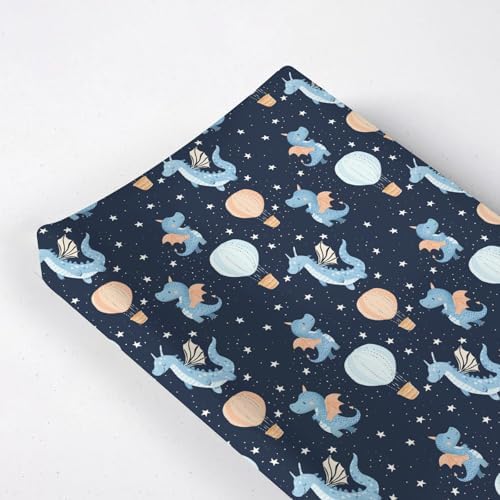 Cartoon Dragons Hot Air Balloons Stars Baby Changing Pad Cover,Unisex Dragon Nursery Diaper Changing Table Pad Mat Sheet for Boys Girls-16x32