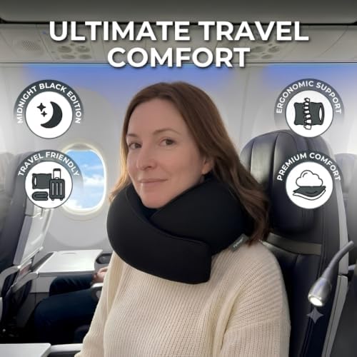 FlyHugz® Neck Travel Pillow Memory Foam Neck Pillow, Midnight Black