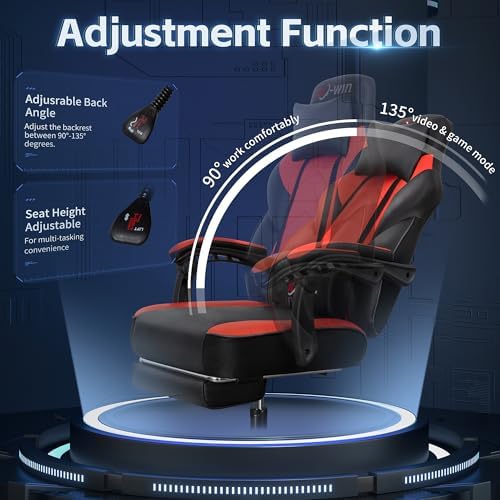 Gaming Chair, Office Chair with Footrest and Lumbar Support, Height Adjustable Game Chair with 360°-Swivel Seat and Headrest and for Office or Gaming (Deep Red)