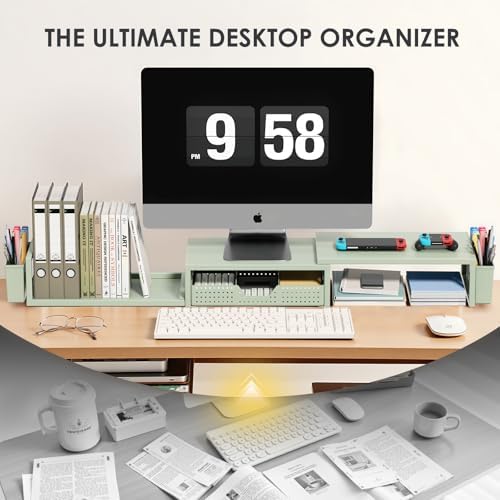 OPNICE Desk Organizers and Accessories, Dual Monitor Stand Riser with Drawer and 2 Pen Holders, Desk Shelf Printer Stand for Office Workspace Organizers, Desktop Organization (Sage Green)