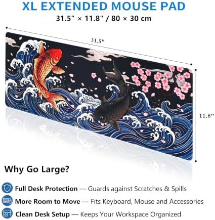 Extended Koi Fish Desk Mat, XL Large Gaming Mouse Pad, Japanese Great Wave Sakura Stitched Edges Waterproof with Non-Slip Rubber Base for Computer Keyboard Laptop Work Home Office 31.5"x11.8"