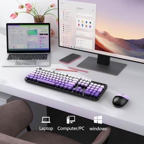 MOFII Wireless Keyboard and Mouse Combo, 2.4 GHz Full-Size Retro Round Keyboard and Mouse, Plug and Play, 8 Multimedia & Shortcut Keys for Mac, Windows, Laptop/Desktop/PC - Black Purple Gradient
