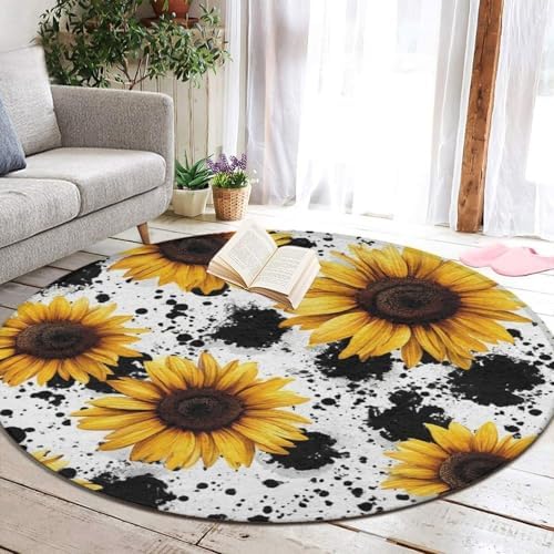 Large Round Area Rug Home Decor Modern Bathroom Rug Kitchen Office Circle Rug for Living Room Sofa Circle Cute Mat 80s Vintage Sunflower Cow Print, 60inch