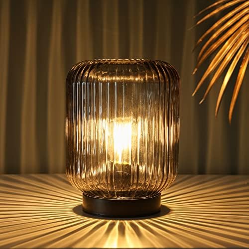LUSHARBOR Battery Operated Lamp, Cordless Table Lamps for Home Decor, Battery Powered Nightlight with LED Bulb, Decorative Glass Beside Lamp for Bedroom Living Room-Grey