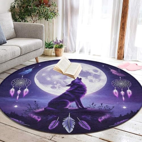Large Machine Washable Circular Rugs, Home Decor Round Mat for Living Room Sofa Office Native Dream Catcher American Wolves