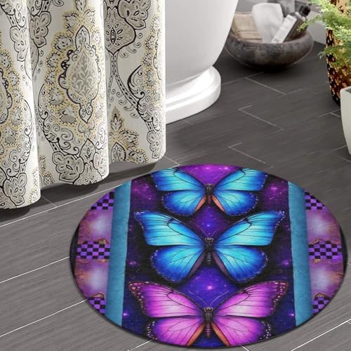 Women's Large Home Decor Mat, Soft Round Yoga Carpet, Non Slip Machine Washable Home Office Circle Rug Purple Butterfly