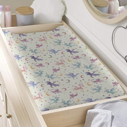Watercolor Colorful Dragon Moon Stars Baby Changing Pad Cover,Unisex Dragon Nursery Diaper Changing Table Pad Mat Sheet for Boys Girls-16x32