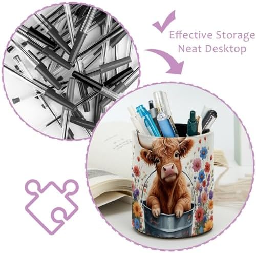 Highland Cow Floral Pen Holder Pencil Organizer Cute Pencil Cup Desk Decor Makeup Brush Holder PU Multifunctional Office Supplies for Home Classroom School