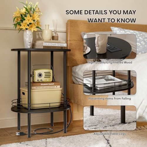 Small Oval Side Table with Charging Station, 2-Tier Black Round End Table