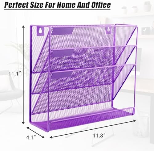 EASEPRES Desk File Organizer Mesh 4-Tier, Hanging Wall Mount Document Organization Stand, Desktop Vertical Mail Paper Folder Holder Rack with Bottom Tray for Office Home Cubicle Countertop, Purple