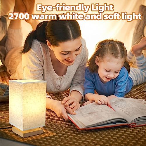 Small Square Bedside Table Lamp for Bedroom, Minimalist Wood Base & Round Fabric Shade, Mini Cute Cozy Warm Nightstand Boho Lamp, Study Desk Night Stand Light for Room, Dorm, Nursery, Living Room