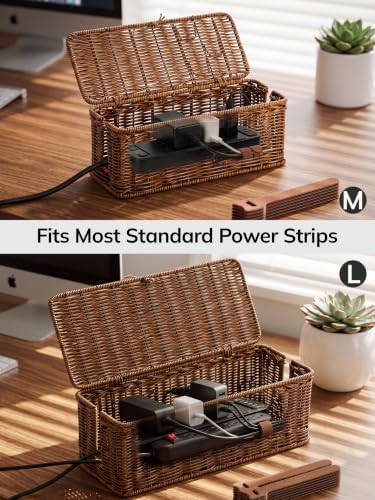BROWNLILY Cable Management Box, Rattan Style Cord Organizer for Desk Cord Hider Outlet Covers for Power Strip Router Charger Under Desk Storage with Lockable Lid & Cable Ties(Braided Edging,Brown,Set)