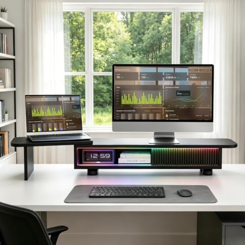 Artswish Dual Monitor Stand with Power Outlet, Black Desk Monitor Riser