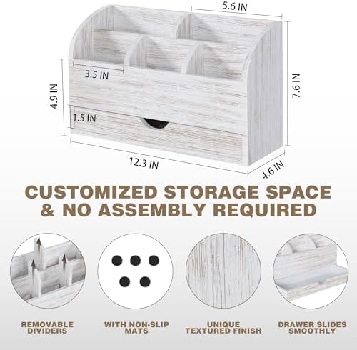 Wood Mail Organizer with Drawer & Pen Holder, White Mail Holder with 5 Detachable Compartments, Desk Organizer for Bill Envelope Storage, for Office Entryway Kitchen Countertop