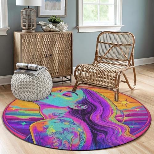 Highly Premium Quality Floor Mat, Office Chair Decor Mat, Room Sofa Yoga Soft Round Carpet Trippy Cool Girl Art, 24inch