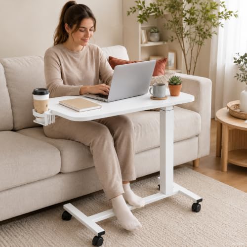 GTPLAYER Mobile Rolling Desk, Adjustable Height Laptop Table, 32 Inch White