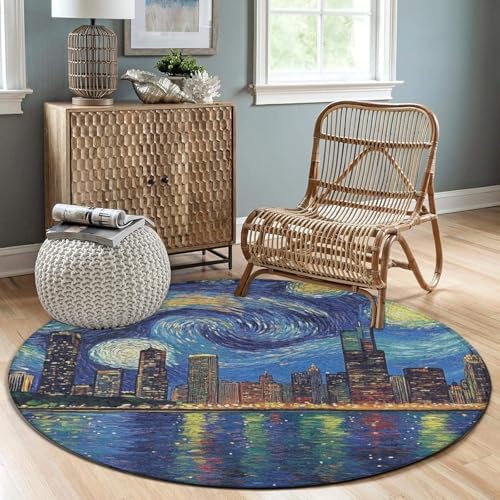 Room Sofa Yoga Soft Round Carpet, Home Decor Non Slip Kitchen Office Circle Rug, Machine Washable Modern Round Area Rug Chicago City Skyline Night View Starry Sky Painting, 60inch