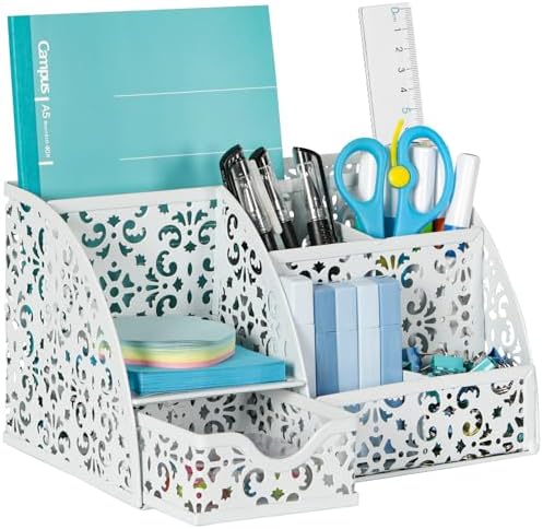 EasyPAG Desk Organizer and Pen Holder for Desk, Mesh Office Supplies Storage Caddy with Drawer for Small Space, Desktop Organizer for Home Office, White