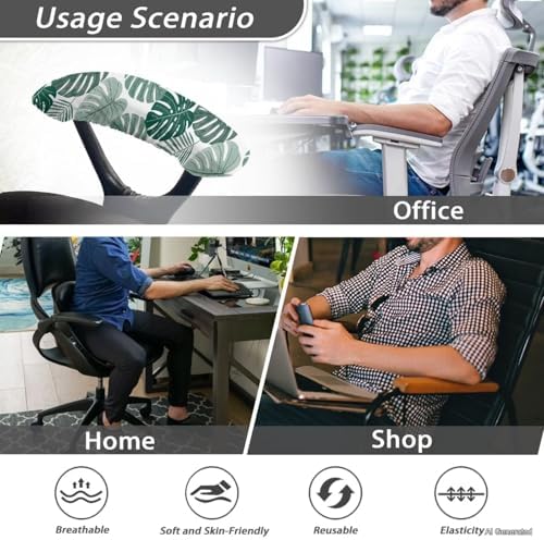 2 Piece Office Chair Armrest Covers Monstera Leaves Print Removable Stretchable Office Chair Arm Covers, Soft Comfort Office Chair Armrest Covers with Elastic Band