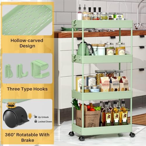 SPACELEAD 4 Tier Rolling Cart with Wheels, Storage Craft Art Trolley Organizer Serving, 3 Hanging Baskets Easy Assembly, for Office, Living Room, Kitchen