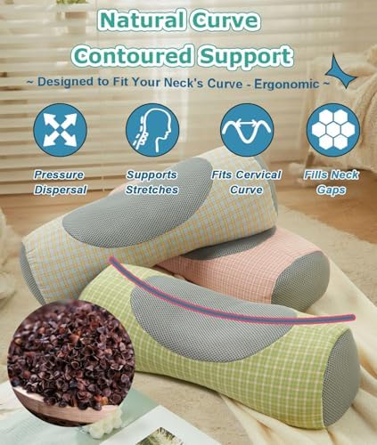 Buckwheat Neck Roll Pillow for Sleeping, 5''x15'' Small Lumbar Roll Pillow for Stiff Pain Relief, Neck Support Back Pain Relax Bolster Pillow with Breathable Plaid Pillow Covers (Blue)