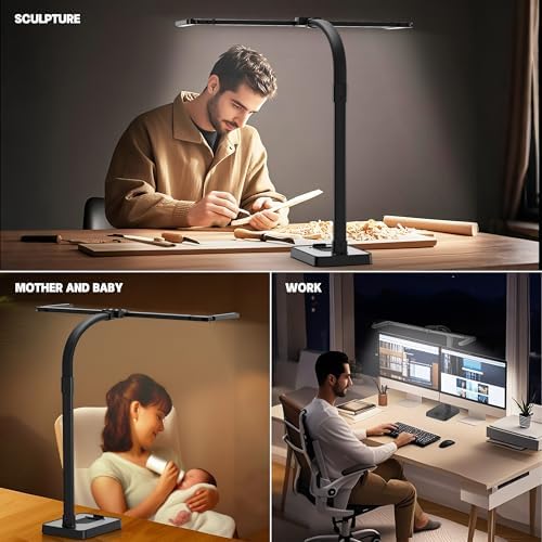 LED Desk Lamp for Home Office - 24W Bright Double Head Desk Light with Clamp Eye Caring Architect Task Light 25 Lighting Modes Adjustable Flexible Gooseneck Lamp (All Black)