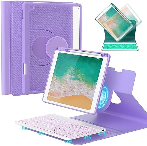Keyboard Case for iPad 9.7 6th 2018/5th gen 2017/ Air 2-7 Color Backlit Detachable Wireless Keyboard - 360° Rotatable Magnetic Detachable Slim Folio Cover with Pencil Holder (Purple)