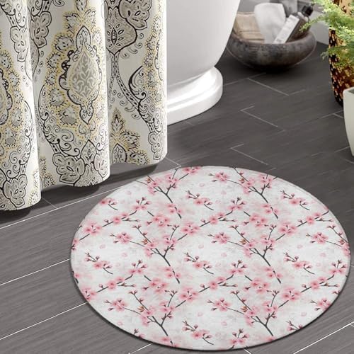 Soft Round Yoga Carpet, Office Chair Decor Round Mat for Carpet and Hardwood Floors Cherry Flowers Blossom Japanese Art, 60inch